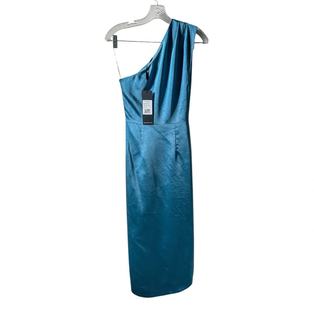 NWT Elliatt One Shoulder Pleated Cassini Hi-Low Satin Midi Dress in Blue XS - Picture 6 of 7